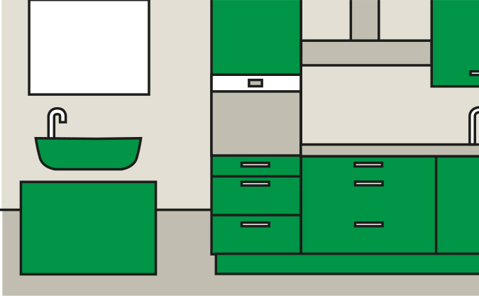Skizzenhaft vereinfachte Küchen- und Badezimmeransicht; links ein Waschbecken und Spiegel über einen Untertisch, rechts eine Küchenzeile mit Ofen, Herdplatte, Abzugshaube und Schubladen