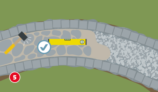 In einem geschwungenen Wegabschnitt werden unregelmäßig geformte Pflastersteine in ein Sand- oder Mörtelbett gelegt. Eine Wasserwaage liegt auf den Steinen zur Kontrolle der Ebenheit. Links daneben ein Gummihammer, der auf einen Stein schlägt.