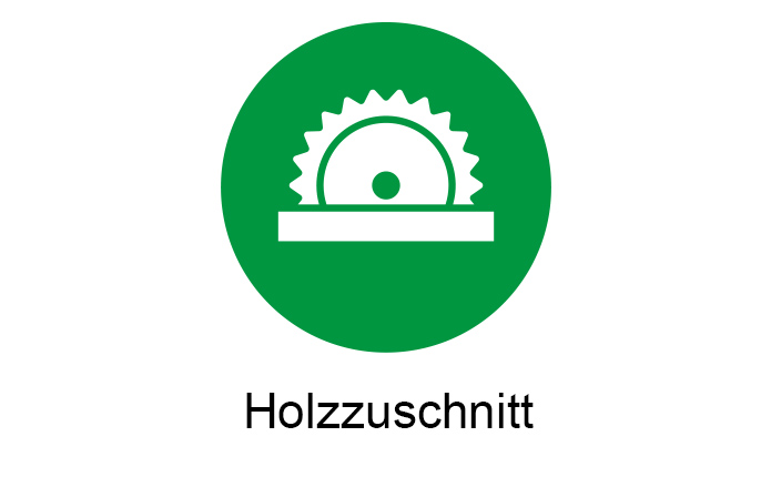 Ein grünes rundes Symbol mit einer stilisierten weißen Kreissäge auf einem Sägetisch, darunter steht der Schriftzug „Holzzuschnitt“