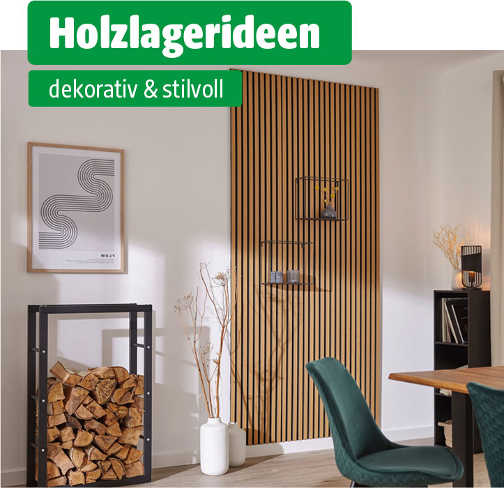 Holzlageridee mit schwarzem Metallgestell im modernen Wohnraum neben Akustikpaneelen und Dekoelementen.