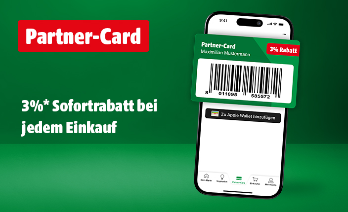Auf einem Smartphone ist die hagebau App abgebildet. Spare 3% bei jedem Einkauf mit unserer Partner-Card