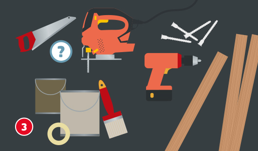 Abbildung verschiedener Werkzeuge und Materialien vor dunklem Hintergrund: Handsäge, Stichsäge, Akkuschrauber, Schrauben, Holzlatten, zwei Farbeimer (einer mit Pinsel), sowie Klebeband