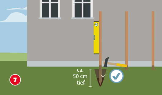 Drei Holzpfosten werden senkrecht entlang einer Hauswand im Garten aufgestellt. Einer davon wird gerade mit einer Wasserwaage ausgerichtet. Ein Spaten gräbt ein Loch mit der Markierung „ca. 50 cm tief“. Ein Hammer liegt daneben.