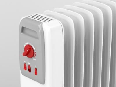 Ein moderner Ölradiator mit roten Bedienelementen steht vor einem hellgrauen Hintergrund