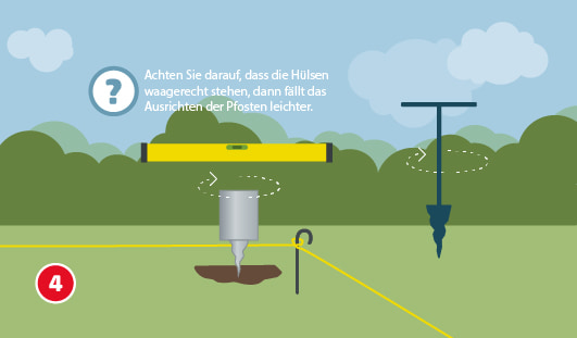 Anleitung_zaunpfosten_setzen_Schritt4.jpg Illustration mit dem Titel „Schritt 4“ einer Hagebau-Bauanleitung. In der Mitte wird eine Metallhülse in den Boden eingeschraubt, daneben eine Wasserwaage zur Kontrolle der Waagerechten. Eine gelbe Richtschnur ist gespannt. Rechts ist ein Schraubwerkzeug mit T-Griff abgebildet. Oben steht der Hinweis: „Achten Sie darauf, dass die Hülsen waagerecht stehen, dann fällt das Ausrichten der Pfosten leichter.“ Im Hintergrund sind Bäume und Himmel mit Wolken.