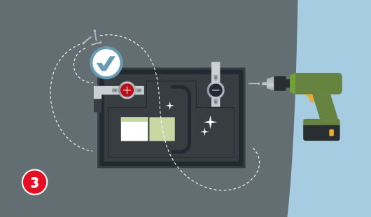 Illustration einer Autobatterie, daneben ein Akkuschrauber und gestrichelte Linien, die anzeigen, an welchen Stellen die Batterie befestigt wird