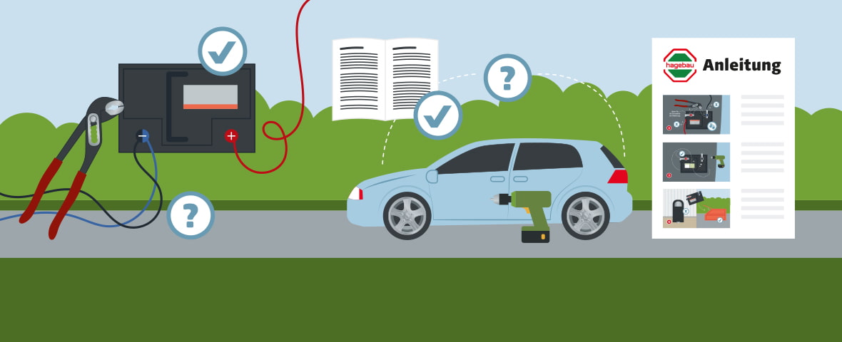 Illustration zeigt eine hagebau-Anleitung zum Austausch einer Autobatterie: Eine Batterie ist korrekt angeschlossen, daneben liegen Seitenschneider und ein Akkuschrauber. Ein Auto steht im Hintergrund, Symbole weisen auf wichtige Arbeitsschritte und Hinweise in der Bedienungsanleitung hin