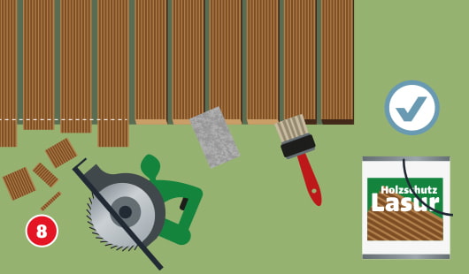 Eine schematische Darstellung zeigt das Schneiden und Versiegeln der Dielenkanten. Mit einer Kreissäge werden überstehende Holzdielen bündig abgeschnitten. Anschließend werden die Schnittkanten mit Schleifvlies bearbeitet und mit Holzschutzlasur gestrichen. Unten links ist ein roter Kreis mit einer weißen 8