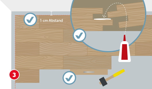 Illustration zum dritten Schritt beim Verlegen von Vinylboden. Mehrere Vinylpaneele sind im Versatzmuster verlegt, ein Abstand von 1 cm zur Wand ist eingehalten. Eine Nahaufnahme zeigt das Verkleben der Stirnseite mit Holzleim. Häkchensymbole markieren korrektes Arbeiten. Rechts unten liegt ein Gummihammer.