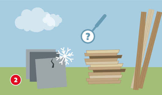 Eine schematische Darstellung zeigt die Auswahl geeigneter Steinplatten für den Terrassenbau. Links sind frostgeschädigte Platten mit Schneeflockensymbol dargestellt. In der Mitte und rechts daneben liegen verschiedene Stapel Plattenmaterial. Eine Lupe mit Fragezeichen weist auf die Bedeutung von Materialprüfung und Witterungsbeständigkeit hin. Unten links ist ein roter Kreis mit einer weißen 2