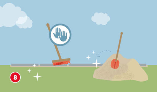 Eine schematische Darstellung zeigt das Verfugen einer verlegten Terrasse mit Steinplatten. Mit einem Besen wird Fugensand in die Zwischenräume eingekehrt. Rechts daneben liegt ein Sandhaufen mit eingesteckter Schaufel. Funkelnde Glanzeffekte symbolisieren das saubere Endergebnis. Ein Handsymbol weist auf die manuelle Arbeit hin. Unten links ist ein roter Kreis mit einer weißen 8