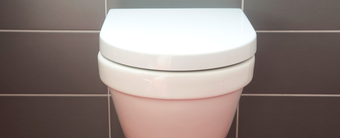 Eine geschlossene weiße Toilette ist frontal vor einer Wand mit dunkelgrauen Fliesen zu sehen. Das WC hat einen modernen, runden Sitz und eine schlichte, kompakte Form