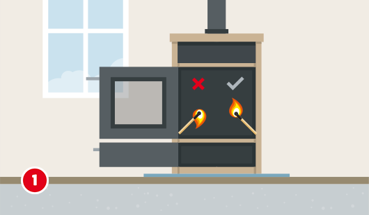Illustration eines geöffneten Kaminofens, zwei brennende Streichhölzer markieren mit einem Kreuz bei der unteren Brennkammer und einem Haken bei der Oberen die falsche und richtige Stelle zum Anzünden