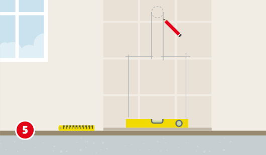 Illustration mit dem Titel „Schritt 5“ einer Hagebau-Anleitung zum Selbstbau eines Kaminofens. Auf einer bereits verfliesten Wandfläche werden mit einem Bleistift und Wasserwaage exakte Markierungen für die Position des Kaminofens und den Anschluss des Rauchrohrs eingezeichnet. Eine Zollstock liegt daneben.