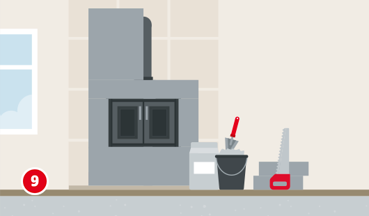 Illustration mit dem Titel „Schritt 9“ einer Hagebau-Anleitung zum Selbstbau eines Kaminofens. Der Kaminofen ist vollständig ummauert. Die Verkleidung besteht aus grauen Bauplatten oder feuerfesten Steinen. Links ist der Rauchrohranschluss sichtbar. Rechts stehen Werkzeuge: Mörtelkübel mit Kelle, Mörtelsack und eine Steinsäge.