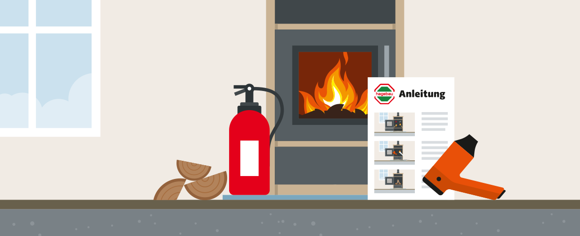 Illustration eines brennenden Kaminofens, daneben Holzscheite und ein Feuerlöscher, eine Anzündepistole und eine Schritt-für-Schritt-Anleitung mit hagebau-Logo