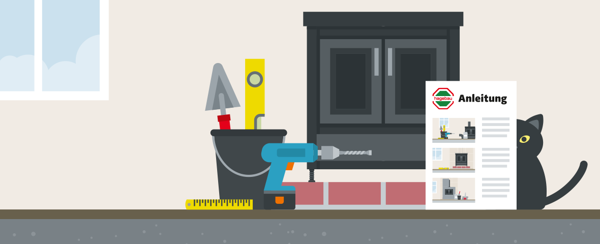 Illustration einer Hagebau-Anleitung zum Selbstbau eines Kaminofens. In der Mitte ist ein fertiger Kaminofen zu sehen, der auf einem gemauerten Sockel steht. Davor befinden sich verschiedene Werkzeuge: ein Eimer mit Kelle und Wasserwaage, ein Akkubohrer, ein Maßband und eine Bohrmaschine. Rechts liegt ein Anleitungsblatt mit drei bebilderten Schritten. Daneben sitzt eine schwarze Katze.
