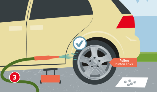 Illustration eines Autos von links, das auf einem Wagenheber steht, der hintere linke Reifen wird mit einem Schlauch gereinigt, daneben liegt eine Unterlage mit fünf Radmuttern