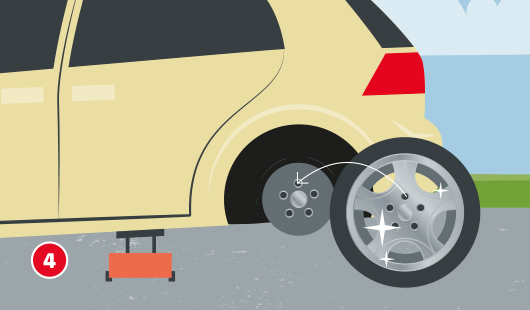 Illustration eines Autos von links, die Radnabe ist sichtbar, ein neuer, sauberer Reifen wird zur Montage angesetzt, ein Pfeil zeigt an, an welcher Stelle der Reifen angesetzt werden muss