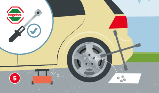 Illustration eines Autos von links, der hintere linke Reifen ist montiert, ein Radkreuz wird zum Anziehen der Radmuttern verwendet, eine Unterlage mit den restlichen Muttern mit der Markierung "1" liegt daneben, ein Pfeil zeigt vom Auto zum Wagenheber mit der Markierung "2", oben links ist ein Symbol von einem Haken und einem Drehmomentschlüssel, daneben ein hagebau-Logo